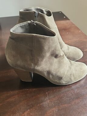 Old Navy Taupe Suede Ankle Booties with Stacked Heel